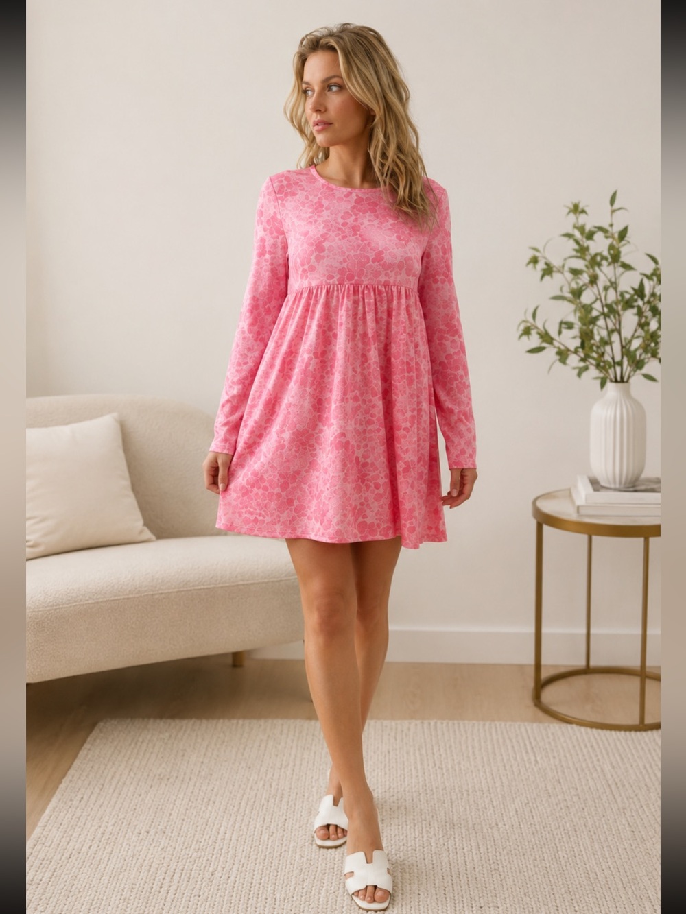 ✅ Maison Amory Dress Babydoll Pink Floral Mini Long Sleeve